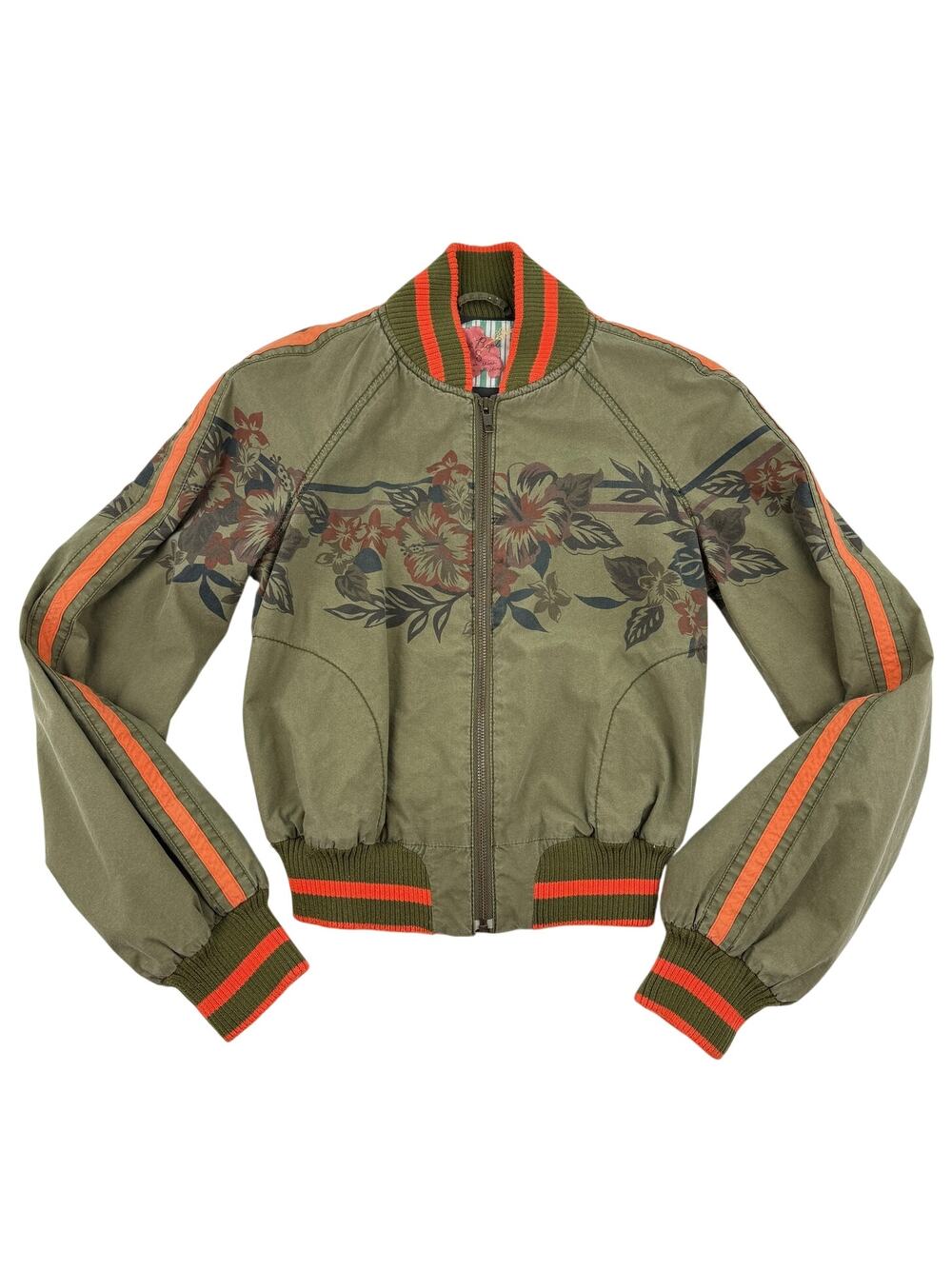 Free People Olive Floral Bomber Jacket Cropped Cotton Small Boho Sporty